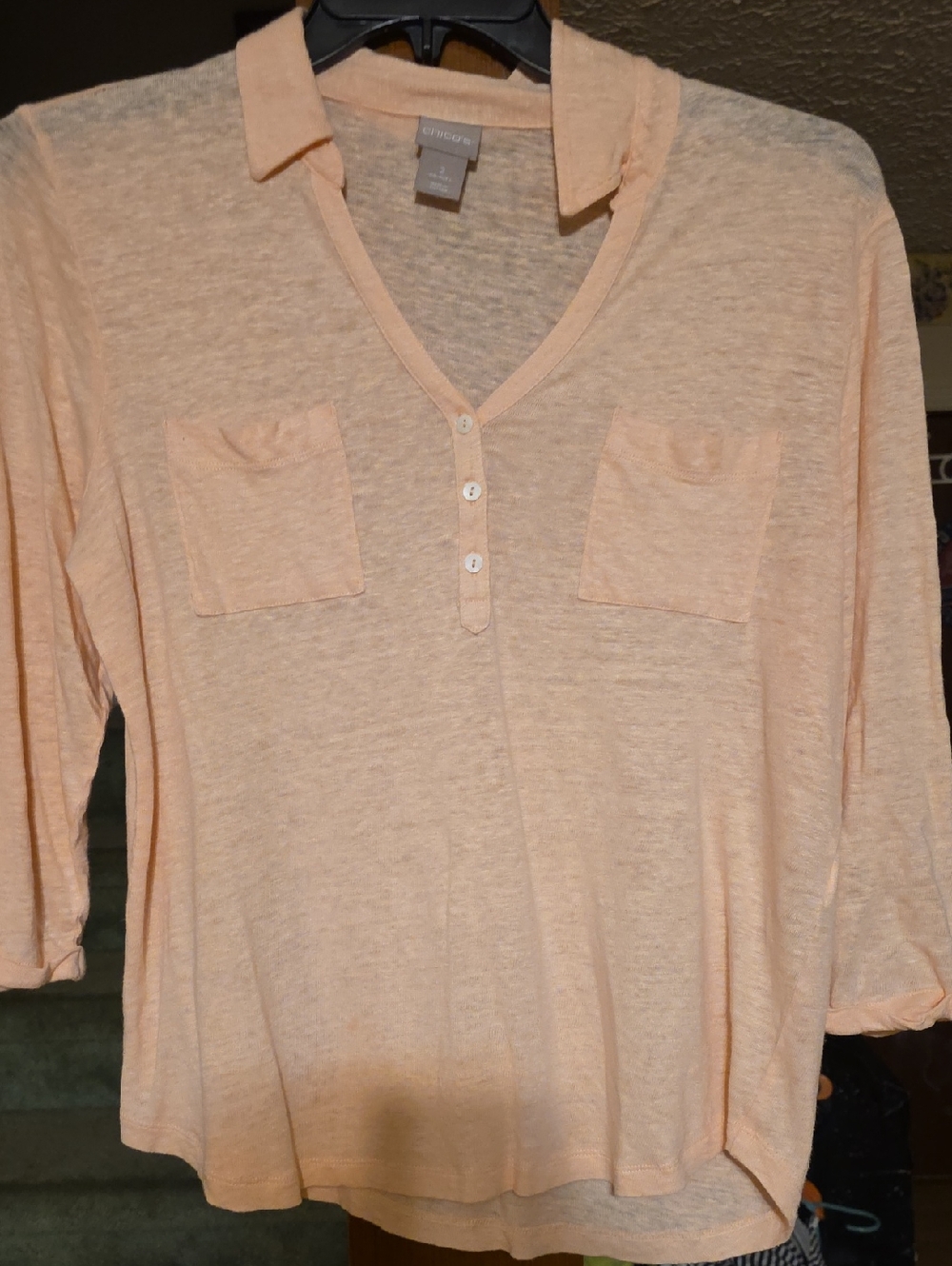 Chico's Peach Lightweight V-Neck Henley Blouse